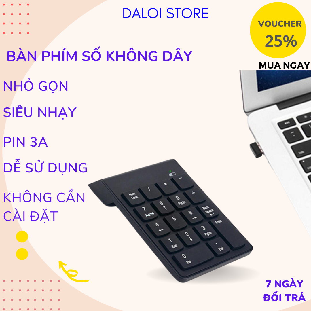 Bàn phím số rời không dây cổng USB cho Laptop Máy tính Numpad Wireless 2.4 Bàn Phím Phụ cho kế toán K07 DALOI