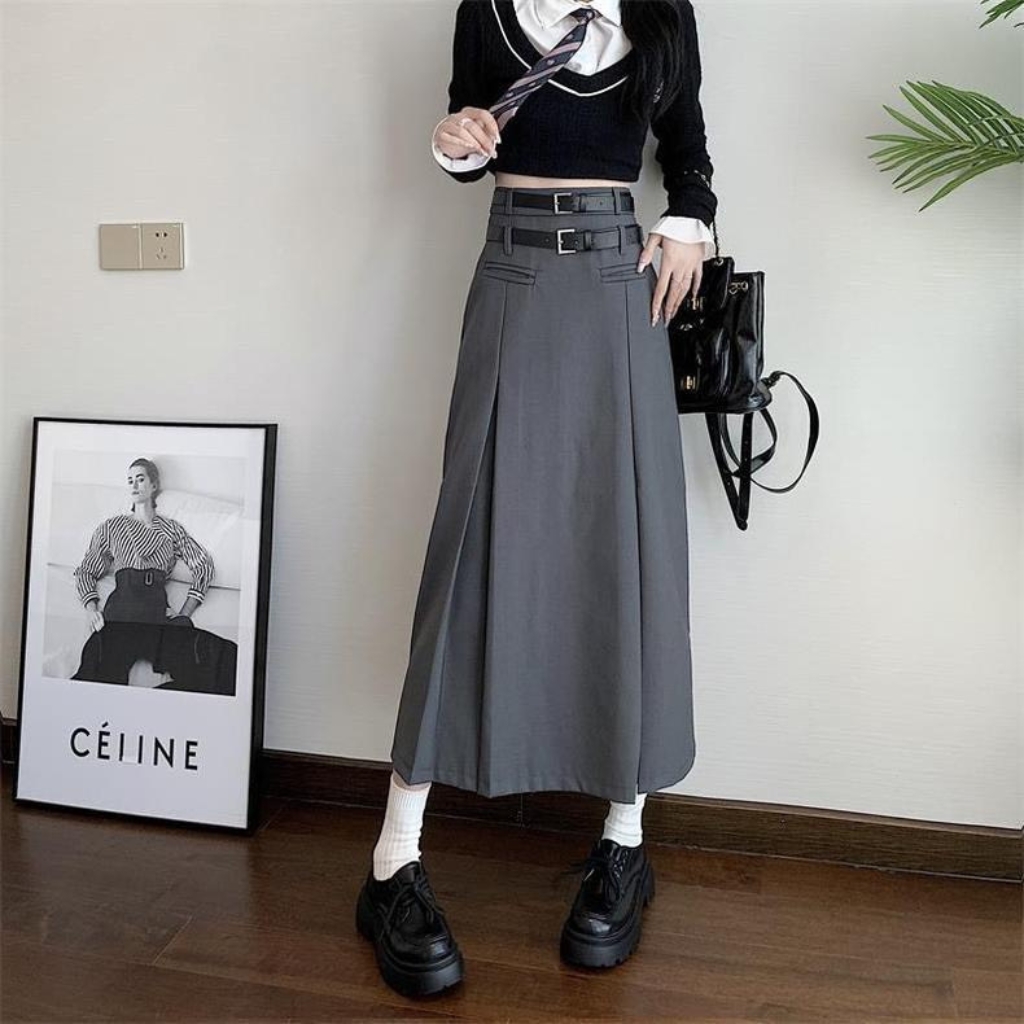 Chân váy ulzzang dáng dài xếp ly 2 thắt lưng chất cotton cao cấp ko kèm đai cv40