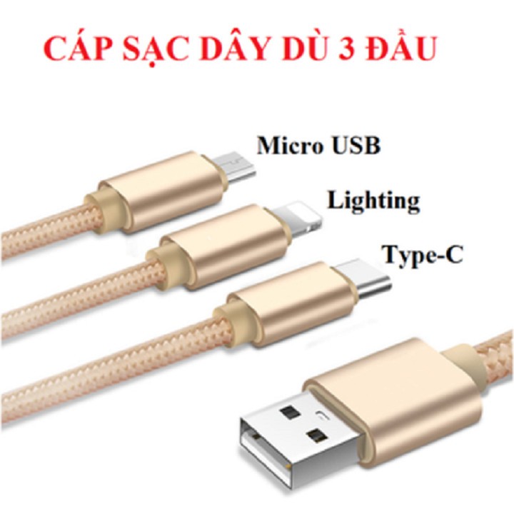 Cáp sạc nhanh dây dù 3 đầu sam sung , iphone, type c