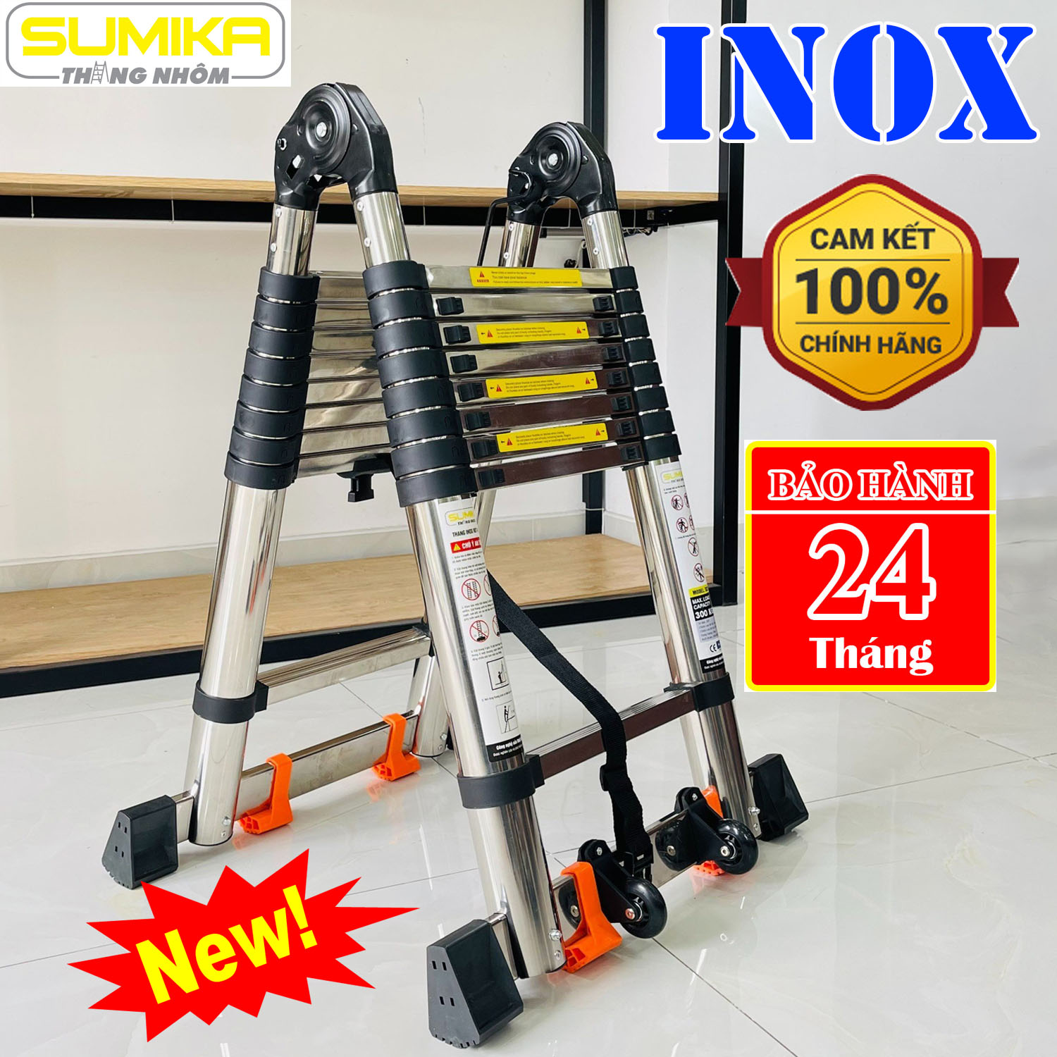 Thang inox thang rút chữ a 1.9m, 2.2m, 2.5m, 2.8m duỗi thẳng 3.8m, 4.4m, 5m, 5.6m sumika - tải trọng 300kg, bảo hành 2 năm