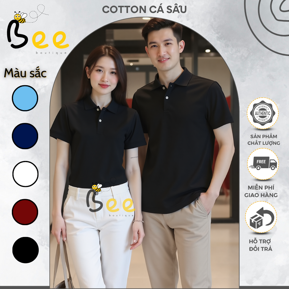  Áo thun polo cá sấu đen trơn cao cấp cổ trụ bẻ unisex nam nữ cặp đôi đồng phục nhóm công sở đi làm 