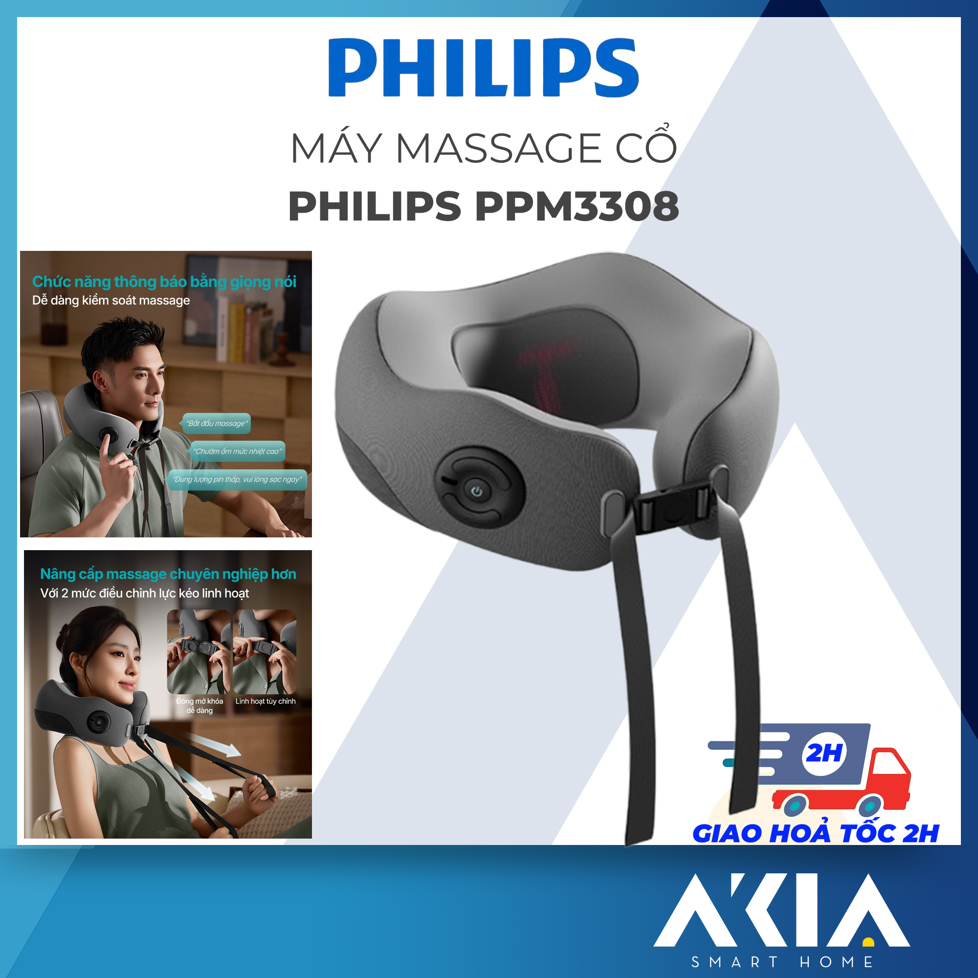 Máy massage cổ Philips PPM3308 - 5 chế độ Massage - Chườm ấm bụng, massage lưng, chính hãng BH 2 năm