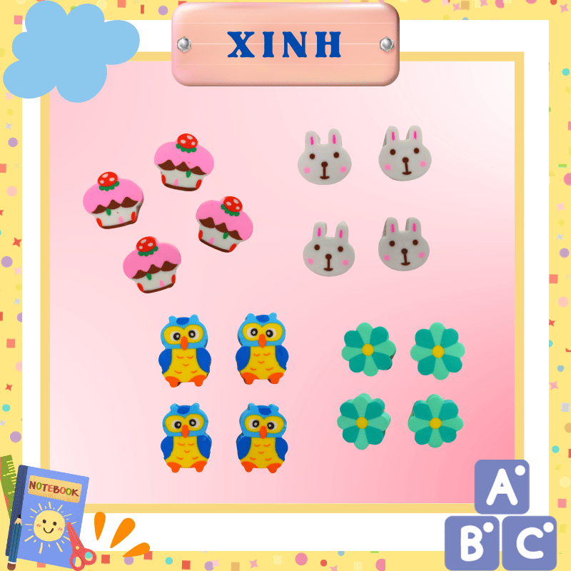 Gôm tẩy cute set 4 cục nhiều mẫu hoạt hình, hoa, bánh cute.