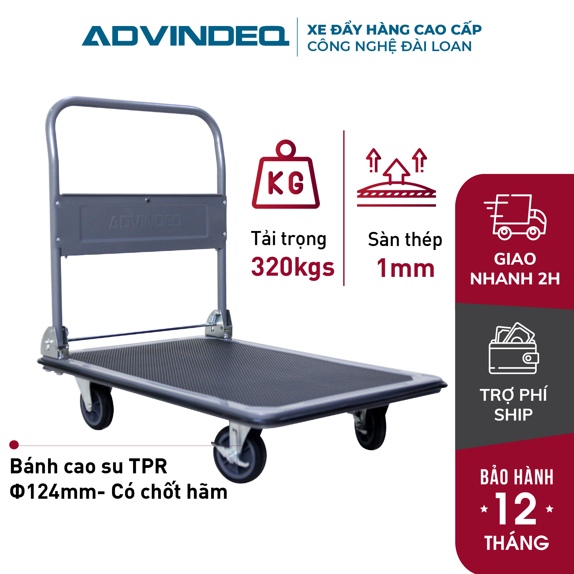 Xe đẩy hàng sàn sắt thép 4 bánh ADVINDEQ TL-320,tải trọng chở 320kg,tay gấp gọn, bánh xe có chốt hãm