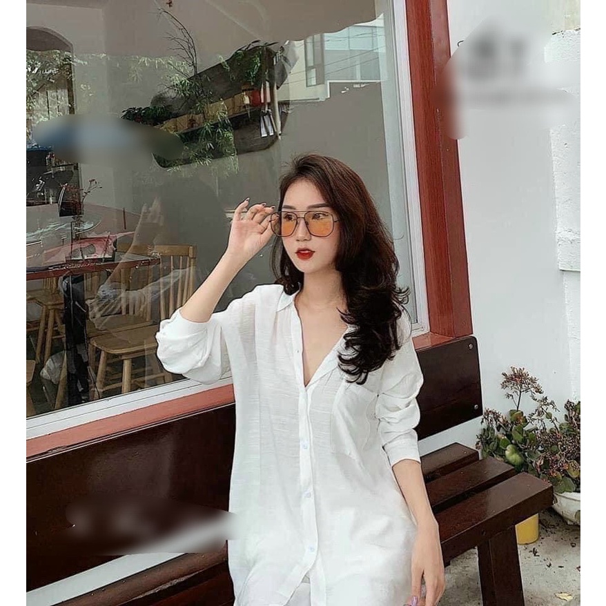 Áo so mi phom rộng nữ đũi mát