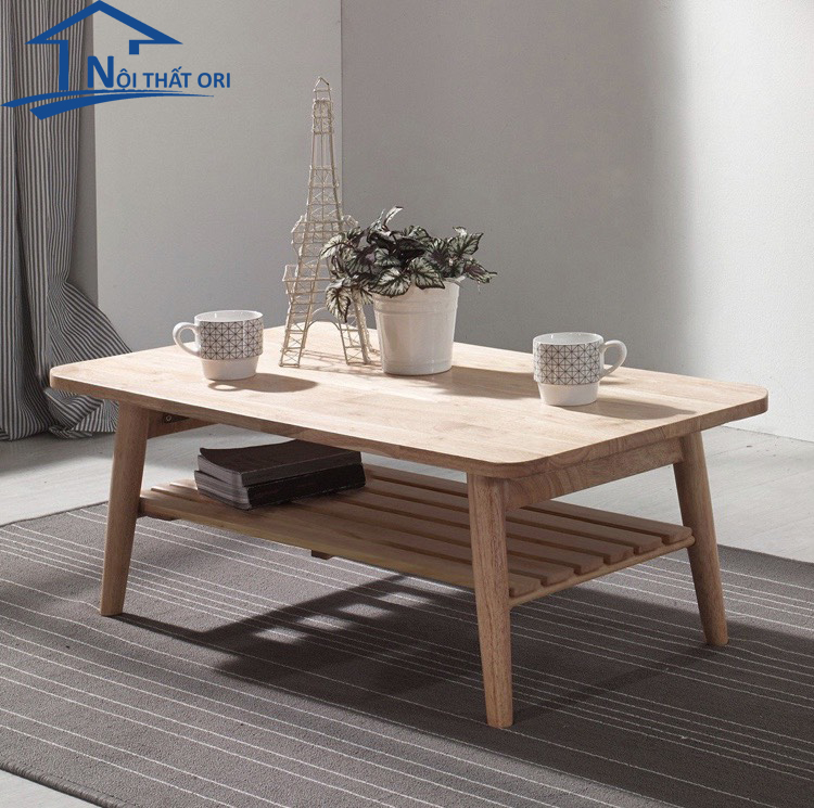 Bàn trà gỗ cao su 2 tầng Nhật Bản đa năng gấp gọn