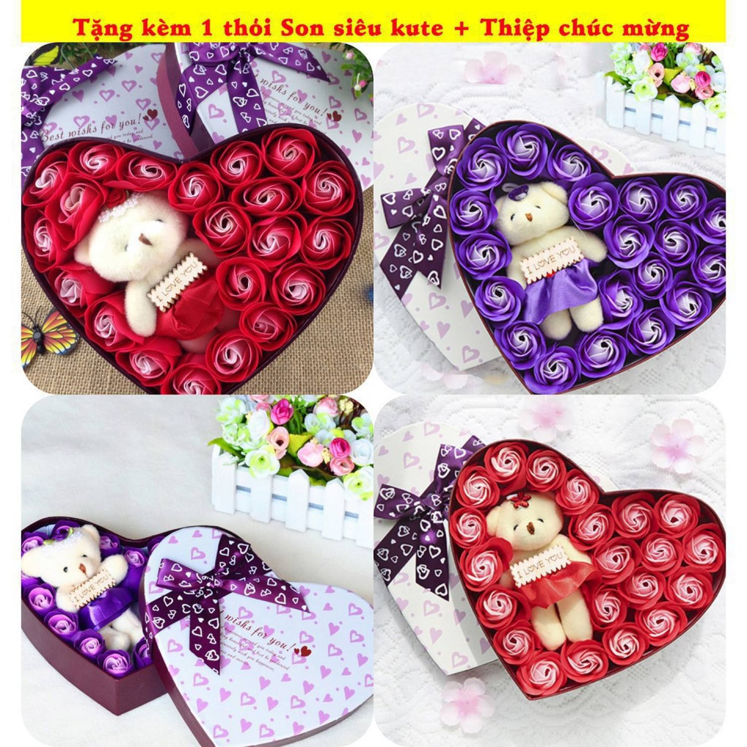 Quà tặng bạn gái 8/3 14-2 - Hộp Hoa Hồng Sáp Thơm Trái Tim 20 Bông + gấu bông + tặng kèm 1 thỏi Son và Thiệp