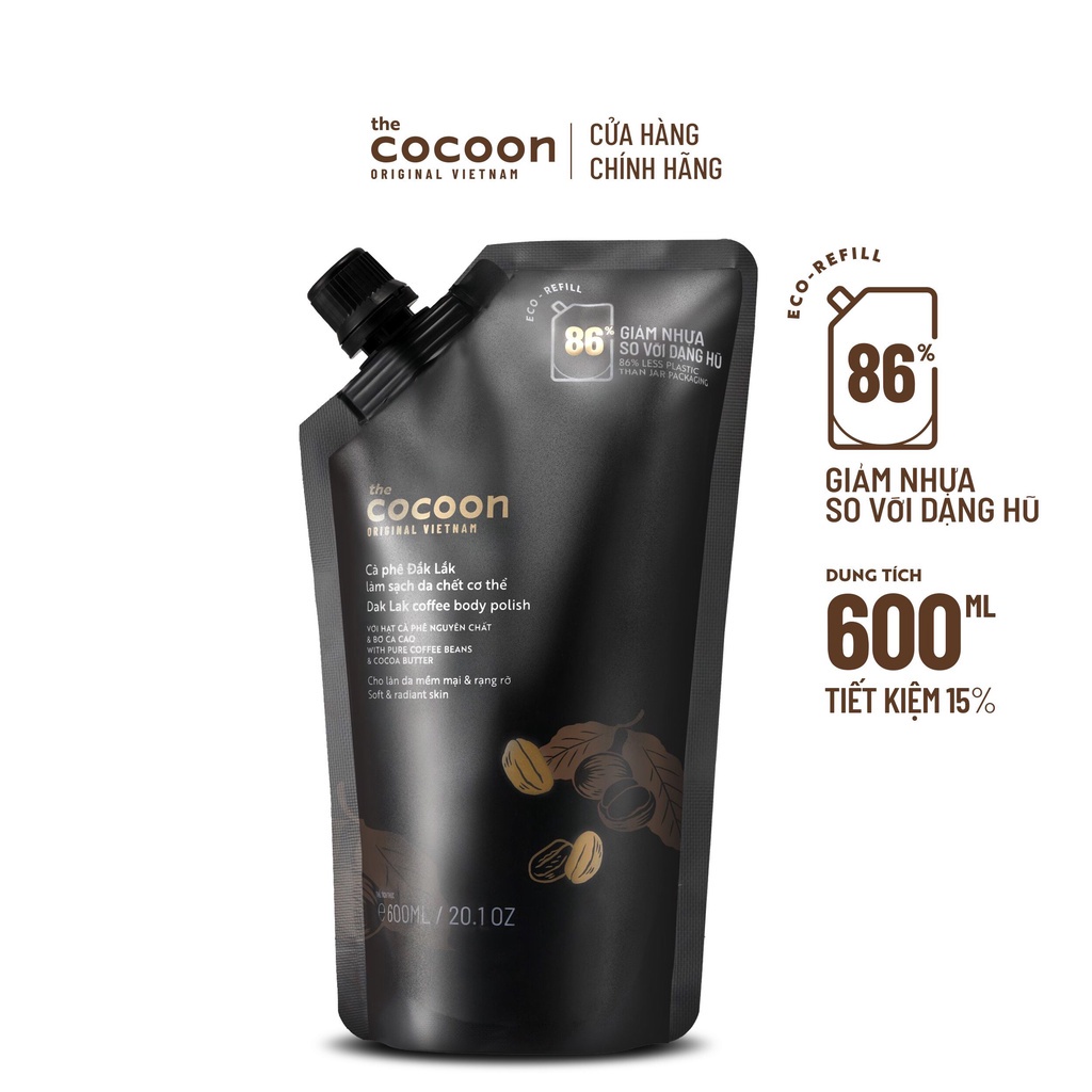 Tẩy tế bào chết body Cocoon từ cà phê Đăk Lắk làm sạch da chết dưỡng da dạng túi refill 600ml NPP Tido88