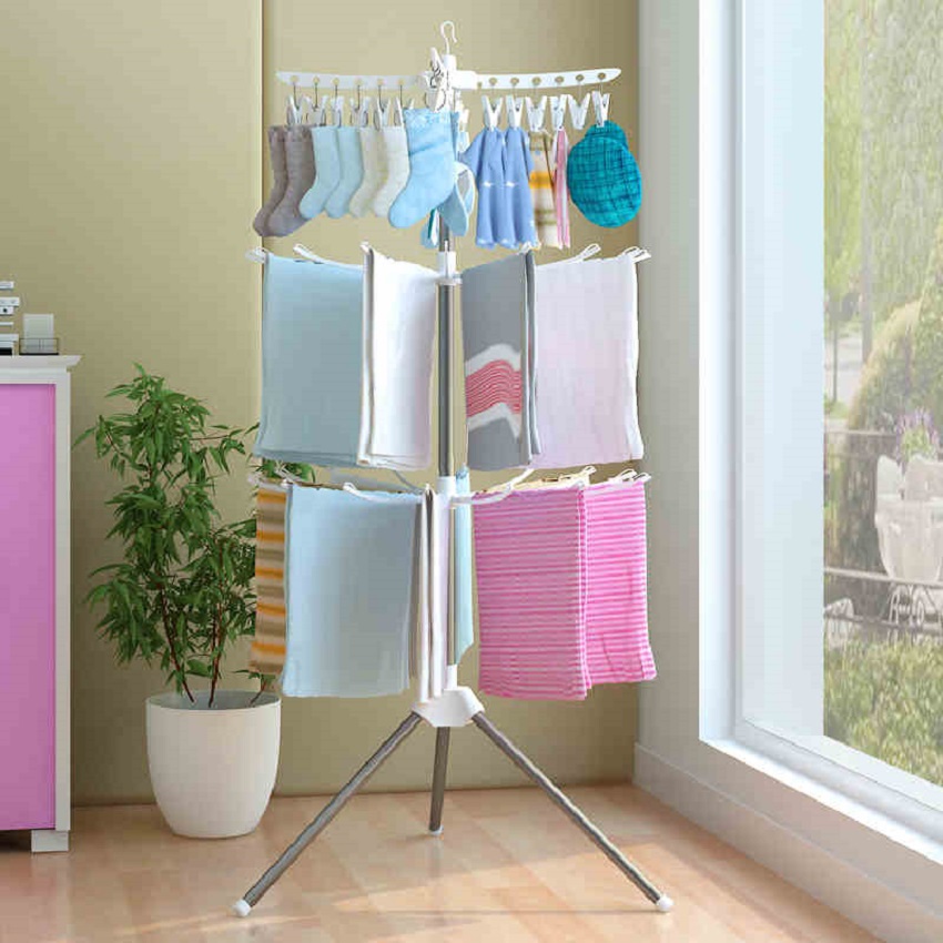 Cây phơi đồ gấp gọn , cây phơi đồ inox 3 tầng cho bé sơ sinh Kenva K105 cây phơi xoay 360 độ , thông minh , dễ dàng gấp gọn khi không sử dụng, phù hợp với không gian chật hẹp, chất liệu inox nên bền đep