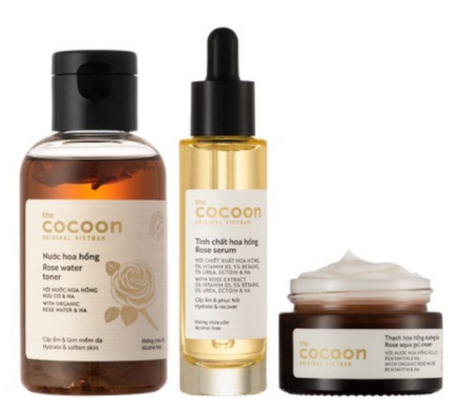Toner hoa hồng, Serum và thạch hoa hồng Cocoon cấp ẩm và hồi phục cho làn da