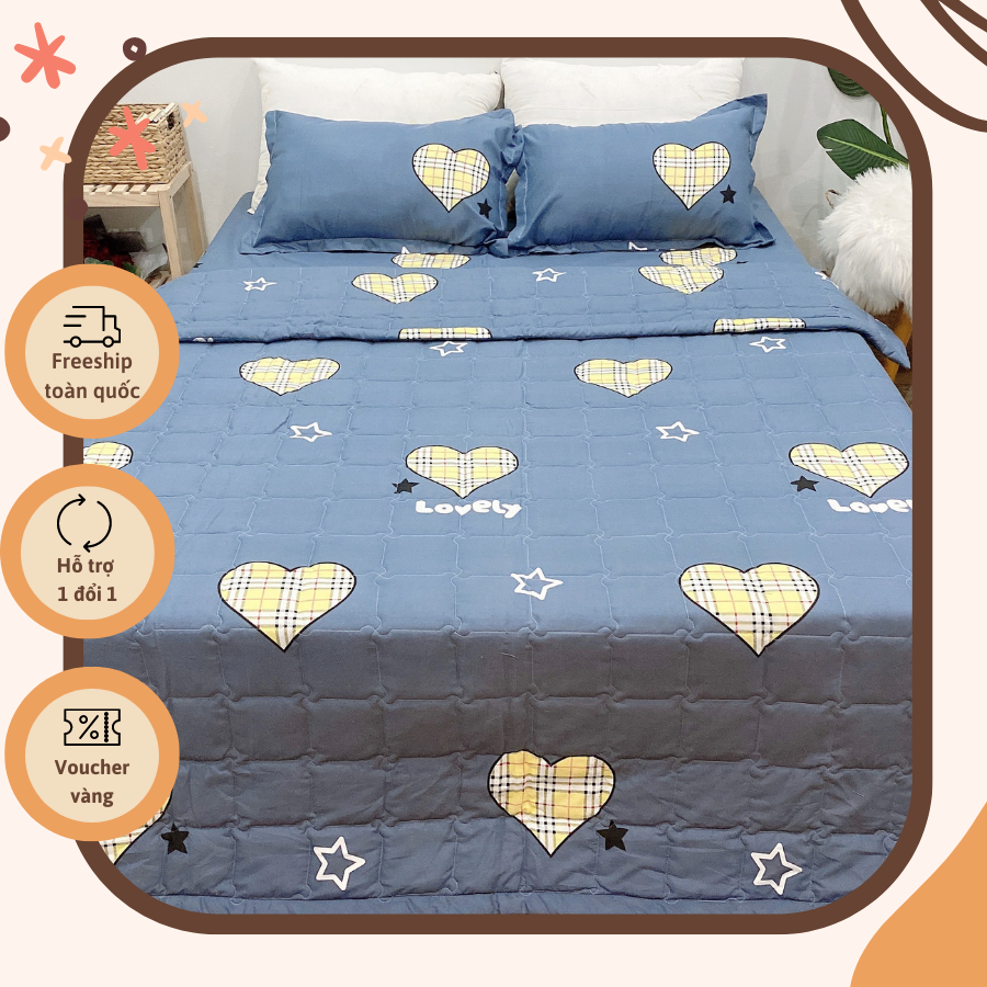 Bộ chăn ga gối hè thu 5 món mẫu trái tim nền xanh chm34