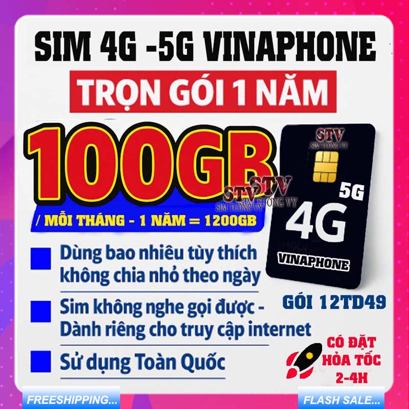 Sim 4G 5G Vinaphone Trọn gói 1 năm miễn phí 12TD49 ( 100GB/THÁNG X 12 THÁNG).FREESHIP-chưa kích hoạt
