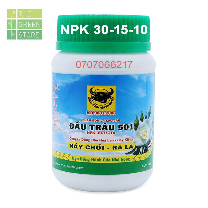 Phân bón Đầu Trâu 501 (100g) NPK 30-15-10 đâm chồi ra lá cho hoa lan, hoa hồng, mai vàng, hoa cây cảnh, rau sạch, cây ăn trái