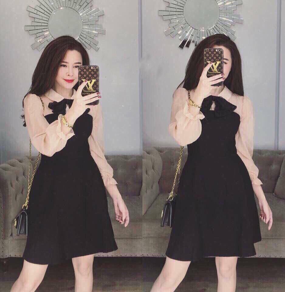 Đầm nơ xòe phối tay lưới dễ thương thanh lịch trẻ trung HQ1811