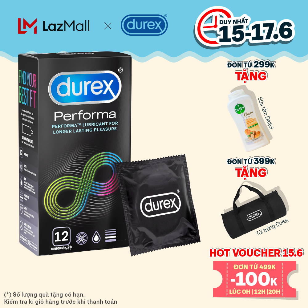 Bao cao su Durex Performa kéo dài thời gian size 52mm hộp 12 bao