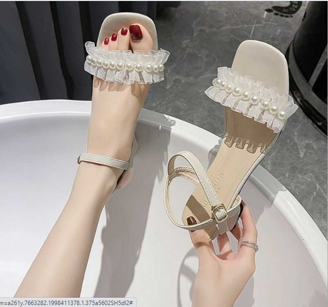 Giày Sandal Công Sở Nữ Dự Tiệc Quai Ngang Ren Phối Ngọc Gót Vuông Gót Cao 5cm Dễ Thương