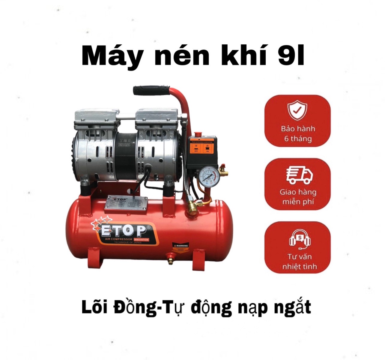 Máy hơi/Máy nén khí/Máy nén khí không dầu mini 9L Etop-lõi đồng không gây ồn có bảo hành