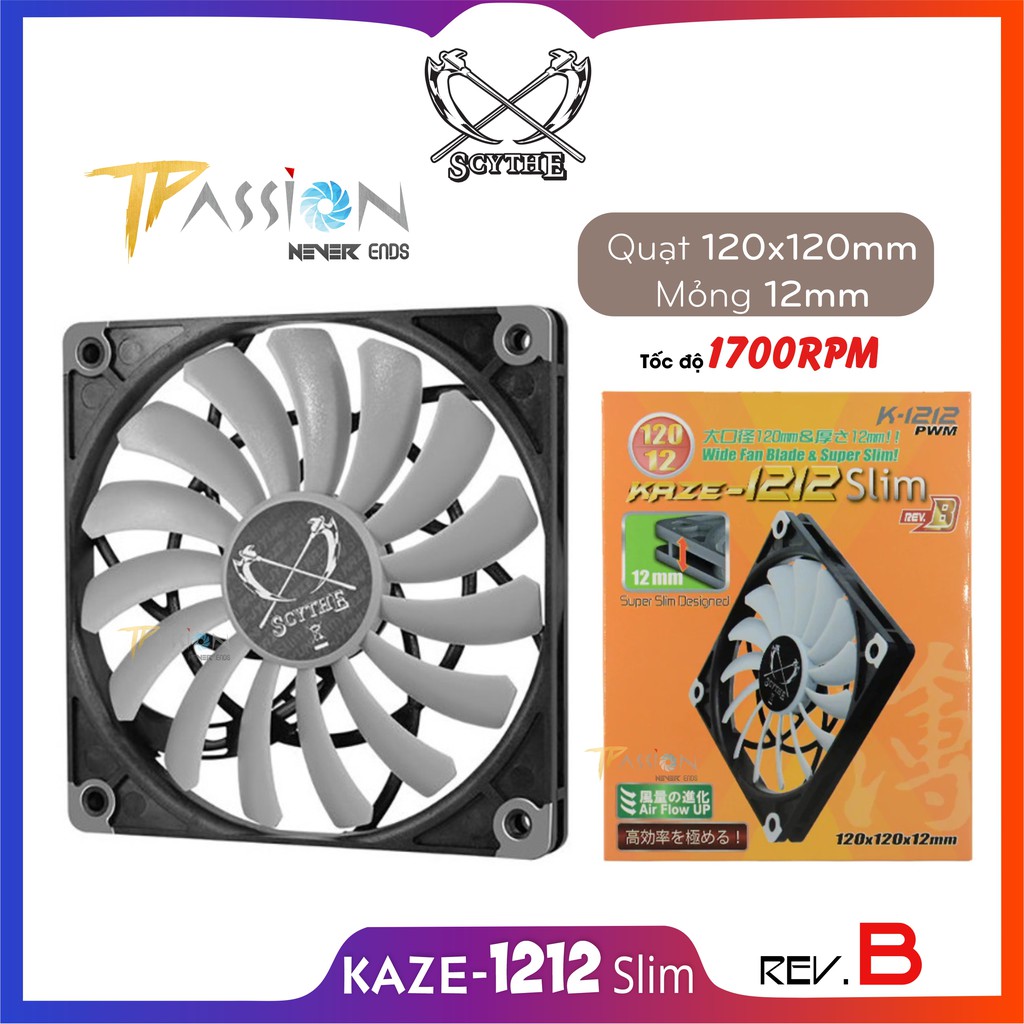 Quạt tản nhiệt fan case 12cm Scythe KAZE-1212 Slim REV.B - Slim fan mỏng 12mm, tốc 1700rpm, điều tốc PWM, cực êm
