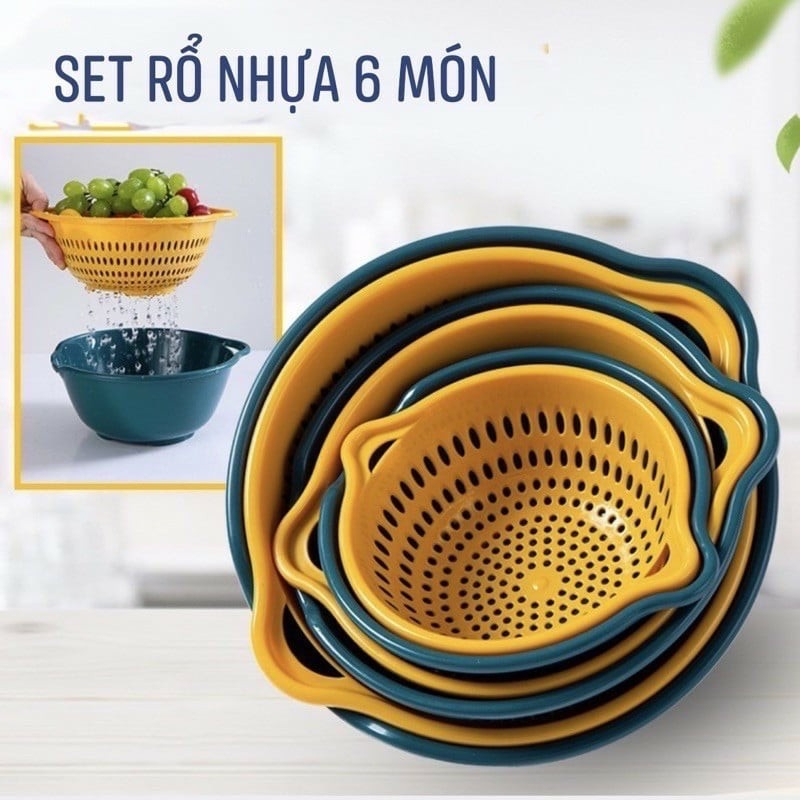 Bộ 6 món thau rổ vàng đựng đồ ráo nước, bộ rổ nhựa kèm chậu ❖bộ thau rỗ 6 món❖