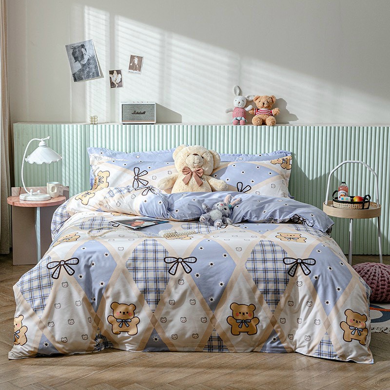 Bộ Chăn Ga Gối Cotton Poly - Gấu Nơ Xanh ( 1 Drap + 2 Vỏ Gối Nằm + 1 Vỏ Chăn ) Tiệm Nhà Cá