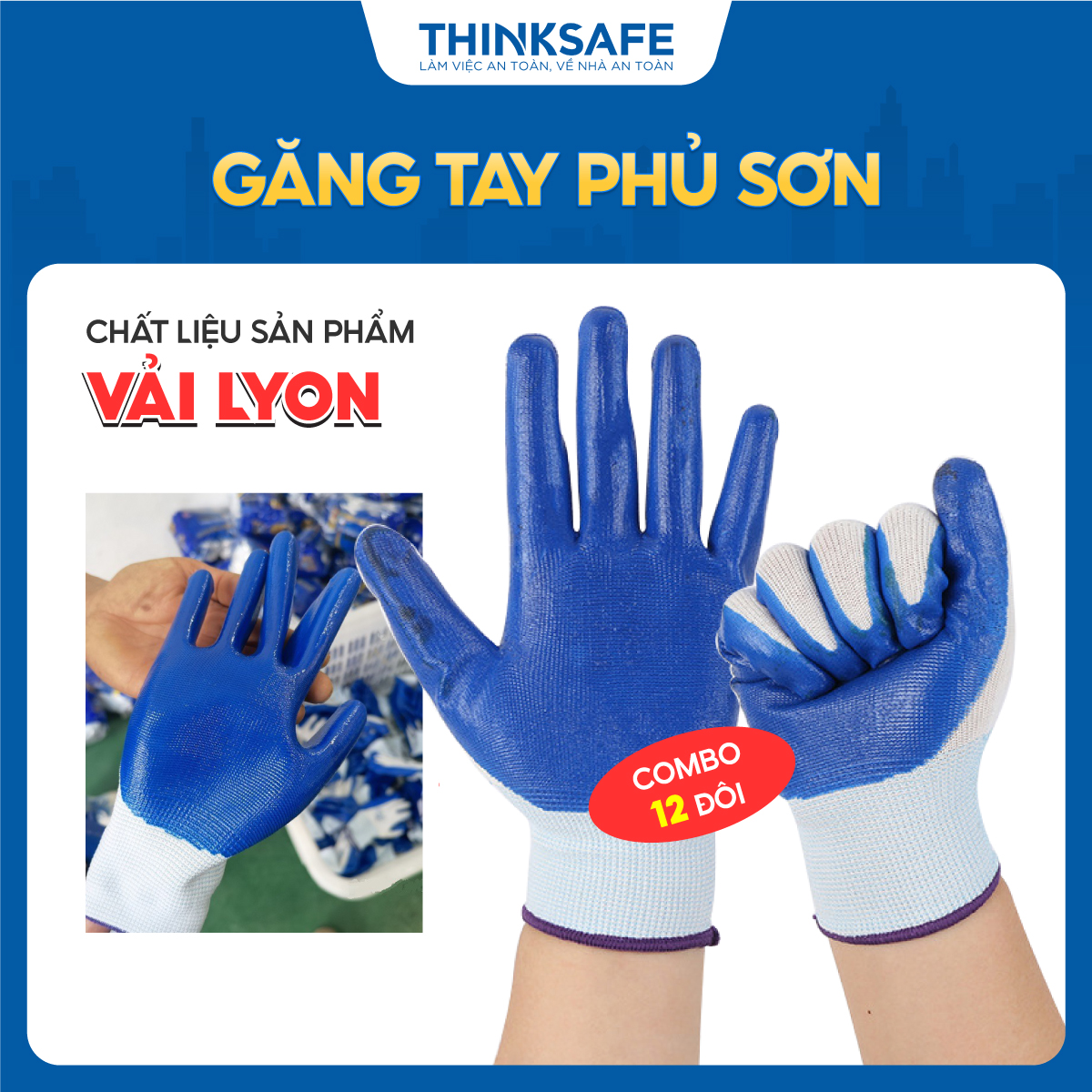 Combo 12 đôi găng tay bảo hộ phủ sơn xanh N518 chống dầu nhớt Găng tay vải phủ sơn bám dính tốt - Thinksafe