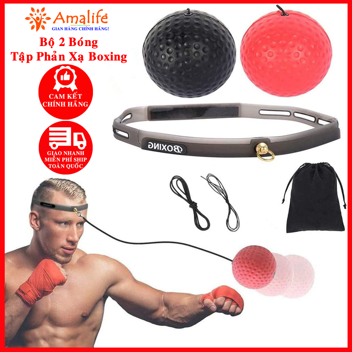 Bộ 2 Bóng Tập Phản Xạ Đấm Bốc Boxing Treo Đầu Loại Nhẹ – Chính Hãng Amalife