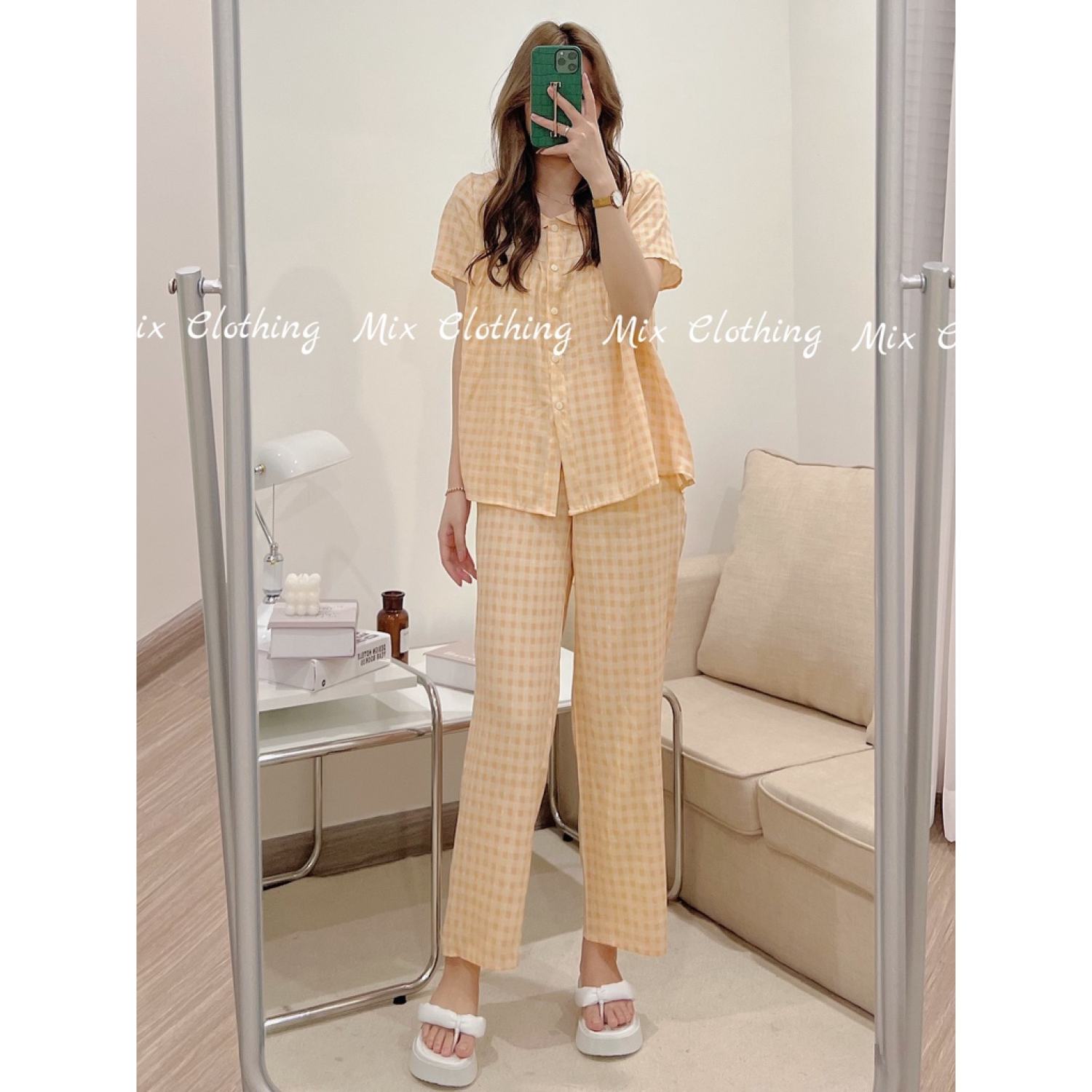Bộ đồ ngủ caro dài, set pijama mặc nhà cute form rộng