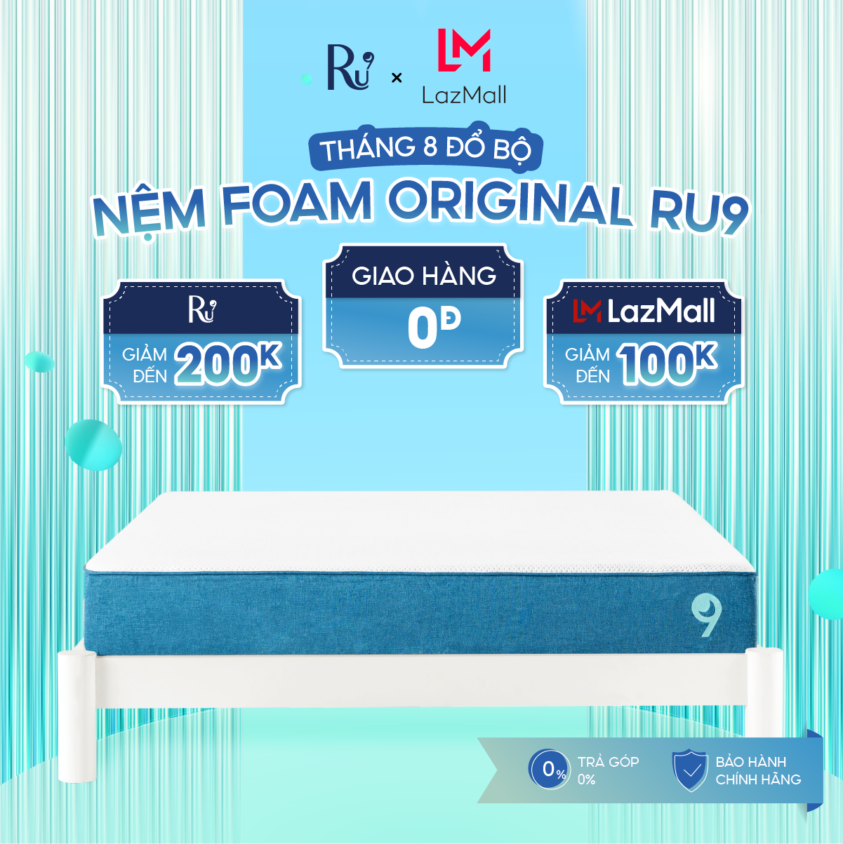 Nệm Foam Cao Cấp Ru9 Original 25cm - Trắng Xanh | 3 Lớp Foam Nâng Đỡ Cơ Thể | Bao Gồm 6 Kích Thước | 100 Đêm Ngủ Thử