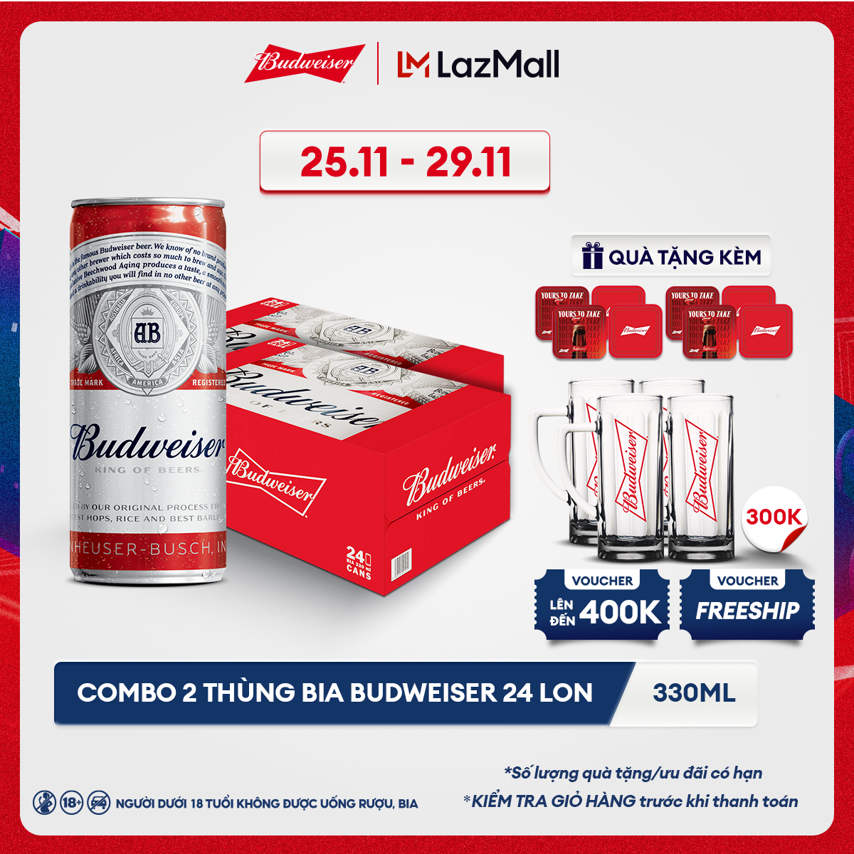 [25.11 - 29.11 VC ĐẾN 100K+FS] Combo 2 Thùng 24 Lon Bia Budweiser (330ml/lon) Date [03/2025] - Chọn Phiên Bản