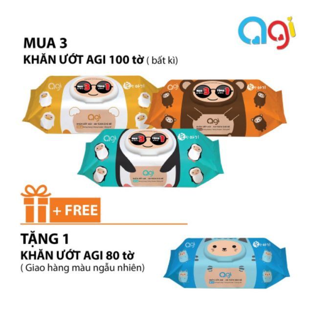 Combo 3 gói khăn ướt agi không mùi 100 tờ mẫu mới tặng1 gói 80 tờ v438