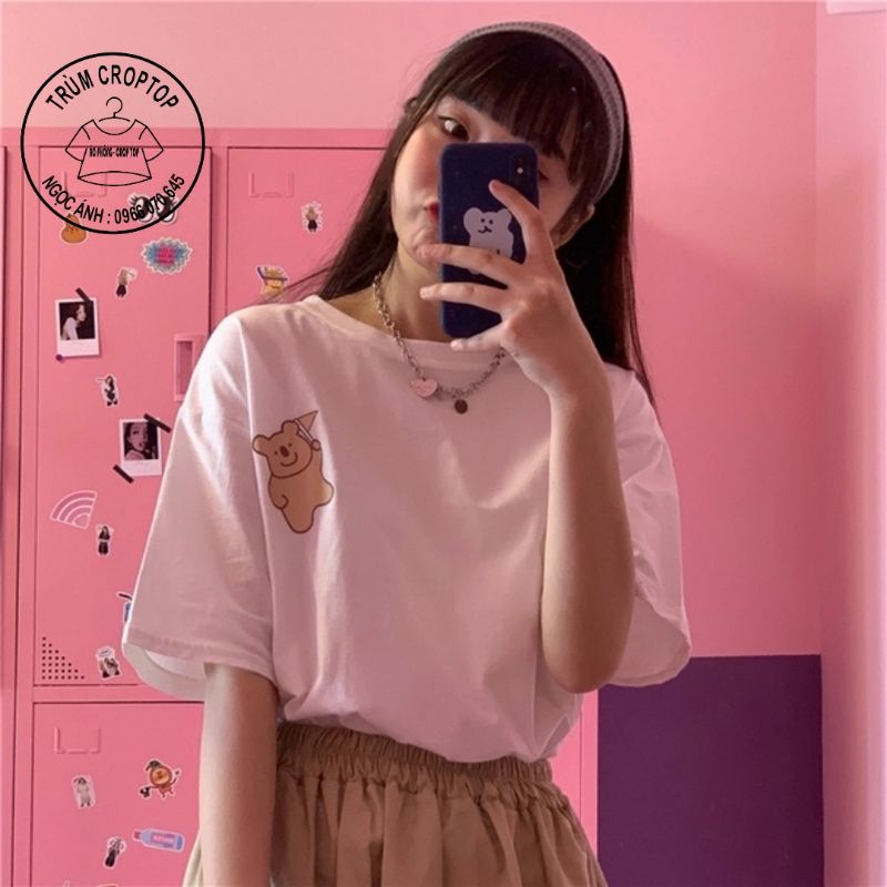 Áo thun phông tay lỡ in hình gấu form unisex nam nữ 38-65kg