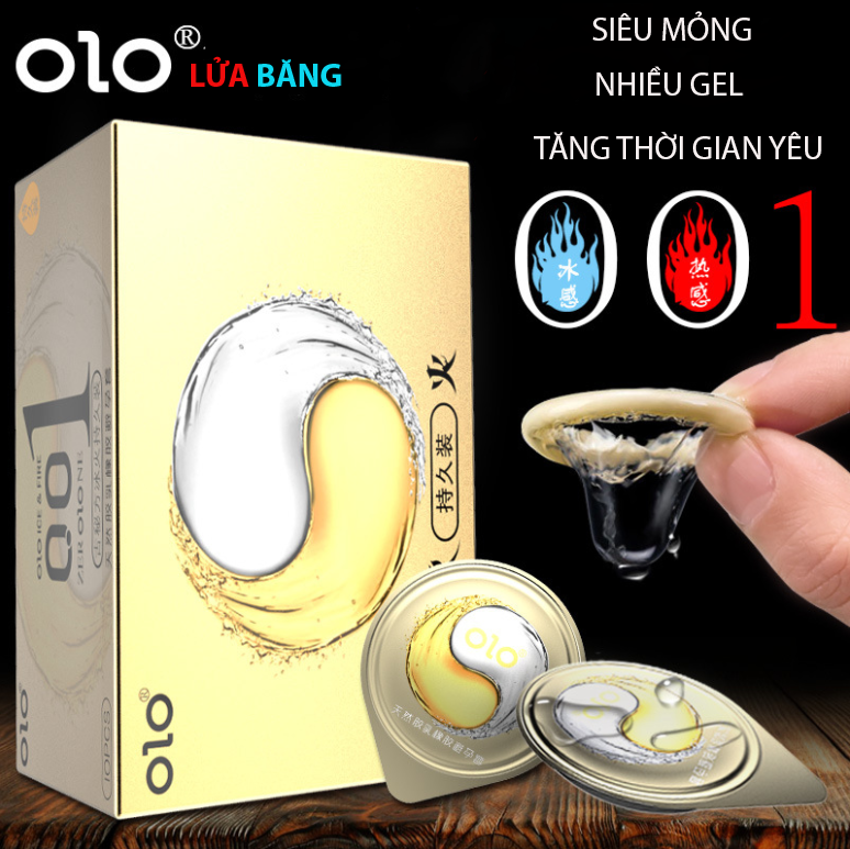 Hộp 10 Bao Cao Su OLO 001 Hyaluronic Acid Version 3 Ice & Fire mỏng, nhiều gel, trải nghiệm lửa băng độc đáo Bao cao su