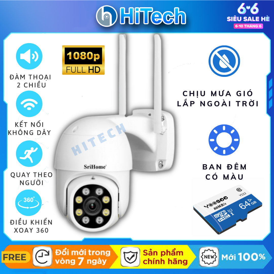 Camera Srihome SP028 2Mpx 1080P Full HD, Chống nước, Camera PTZ Xoay 360 độ,Đàm thoại 2 chiều, Quay đêm có màu với đèn LED, Quay theo chuyển động, Báo động về điện thoại, Chia sẻ nhiều người cùng xem