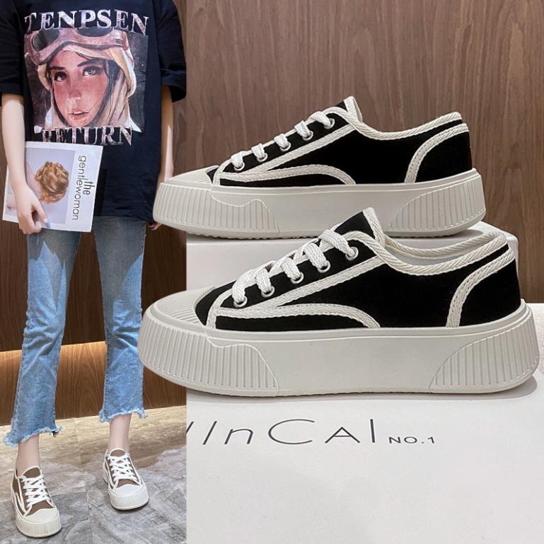 Giày Nữ VK viền kẻ đế độn 4cm chất liệu vải canvas siêu đẹp mẫu mới hot trend, sneaker nữ đế bằng giá rẻ, bata nữ