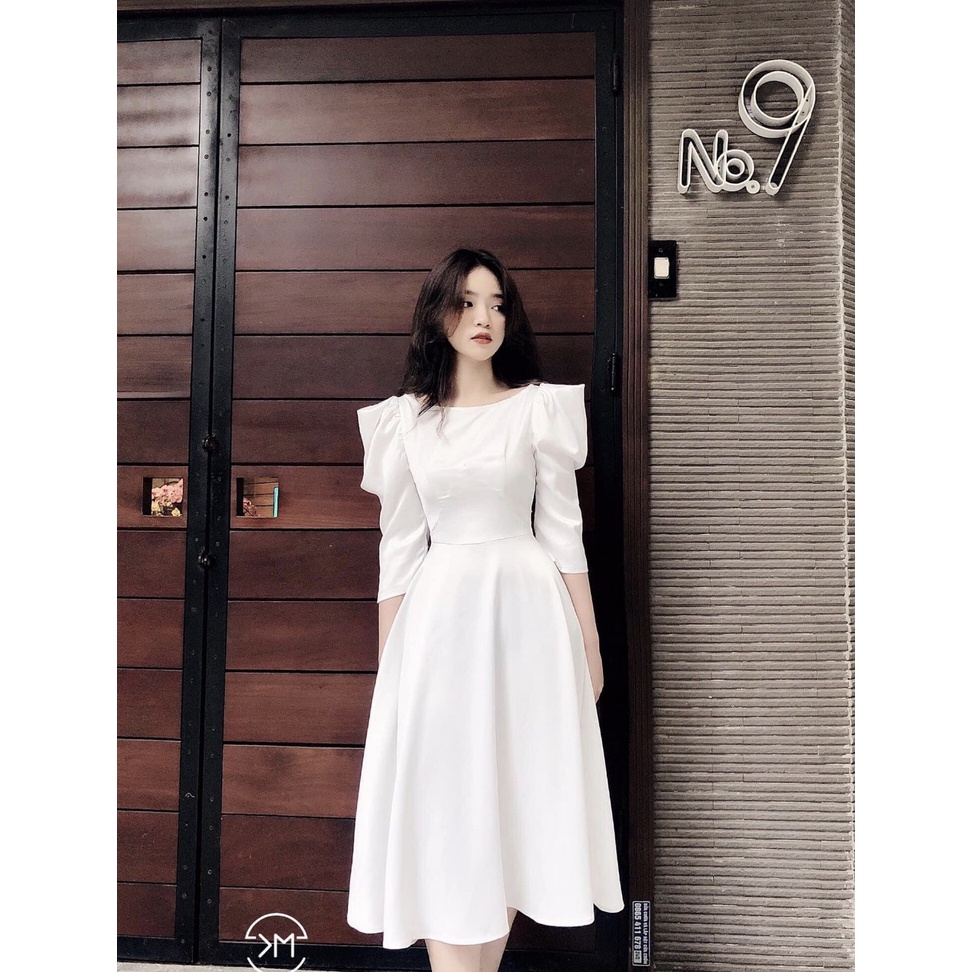 Đầm dự tiệc trắng cổ thuyền tay phồng siêu hot
