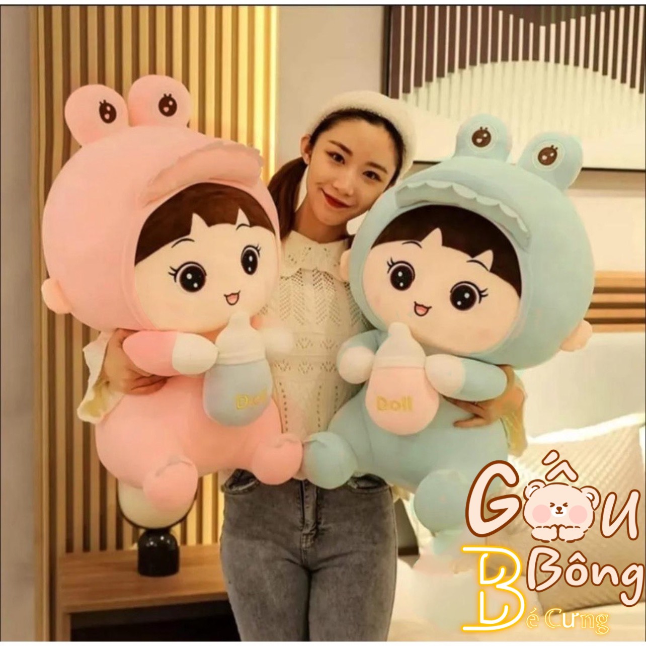 Thú nhồi bông em bé bú bình sữa, khủng long ôm bình sữa, búp bê nhồi bông