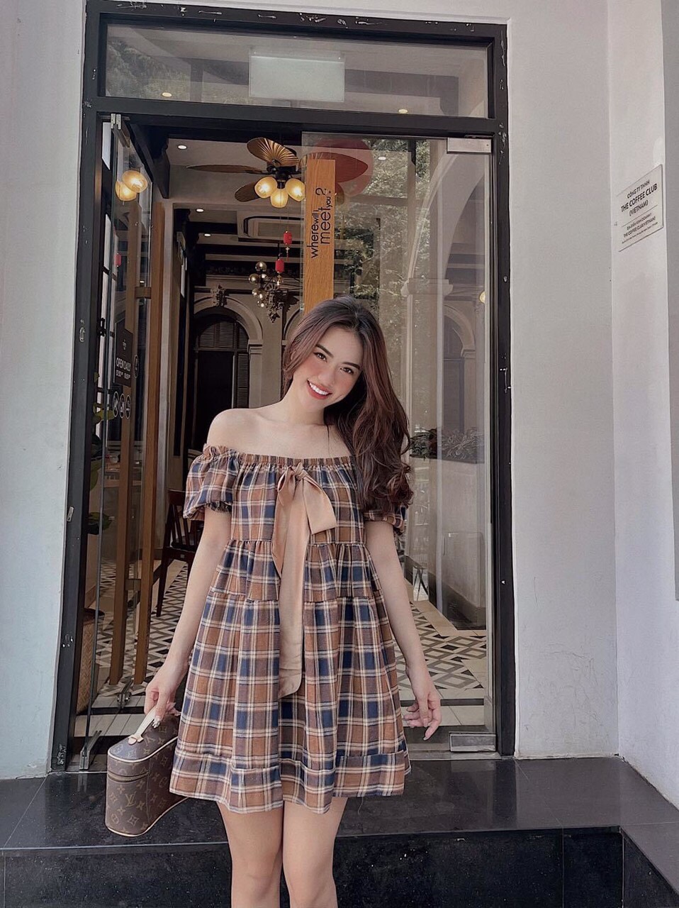 Váy đầm nữ có nơ ngực bẹt vai caro dáng xòe