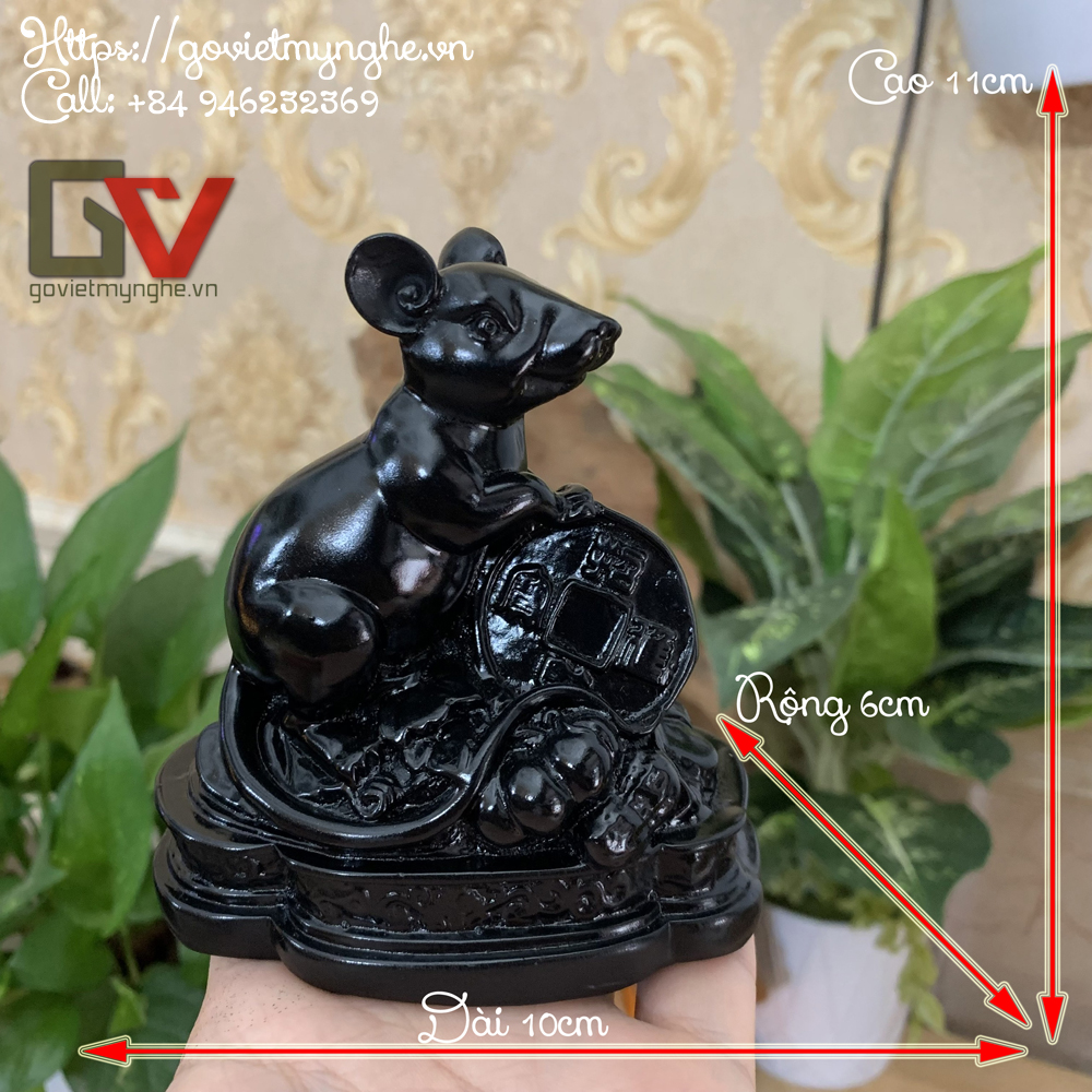 [HCM][Chiêu Lộc - Cầu Tài] Tượng chuột ôm đồng tiền vàng trang trí phong thủy - Chiều cao 11cm - Màu đen tuyền