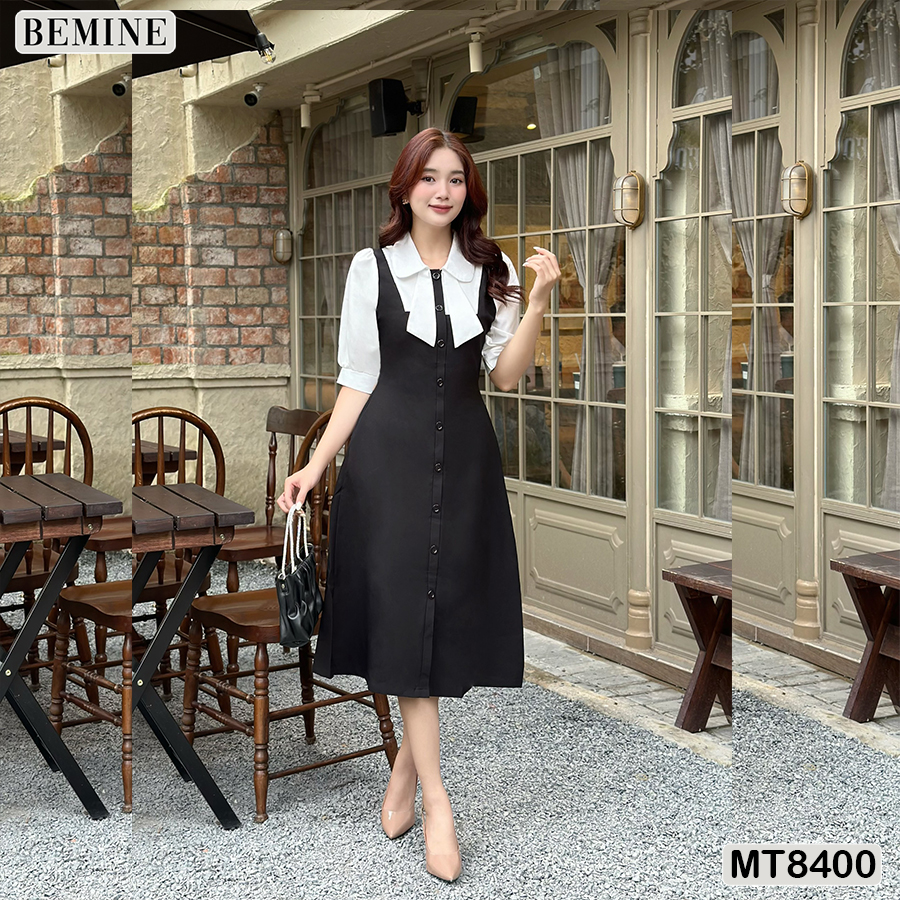 Đầm phối tay cổ sơ mi nơ bemine mt8400