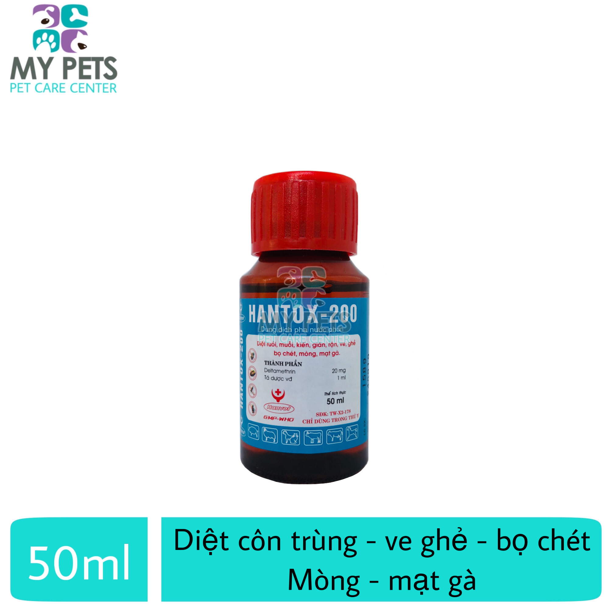 Dung dịch pha phun diệt kiến dán ve ghẻ bọ chét mòng mạt gà hiệu lực tức thì nhanh chóng - Hantox 200 lọ 50ml