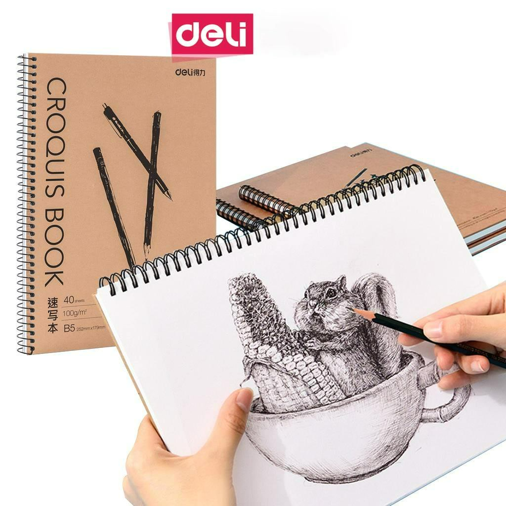Sổ 100gsm/110gsm vẽ phác thảo deli 40 trang khổ ngang a4/b5 gáy lò xo