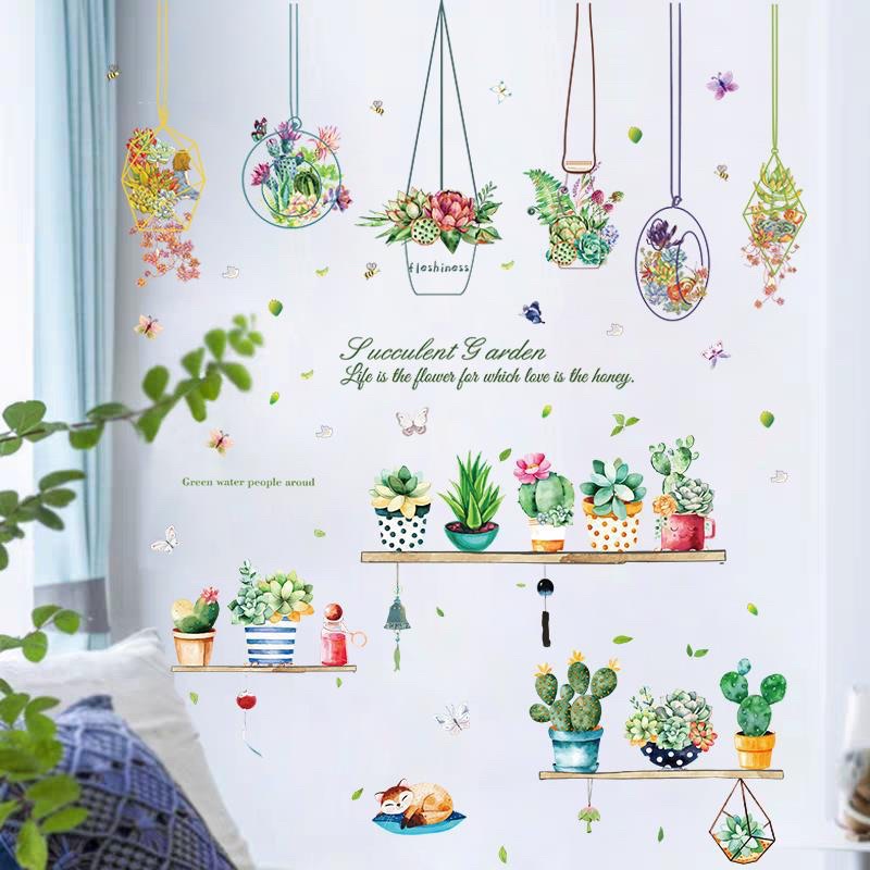 Decal dán tường chậu cây mèo và giỏ hoa