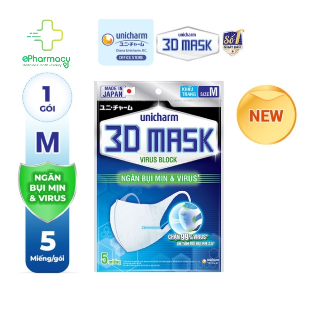 Khẩu Trang Unicharm 3D Mask Virus Block chống khói bụi và vi khuẩn