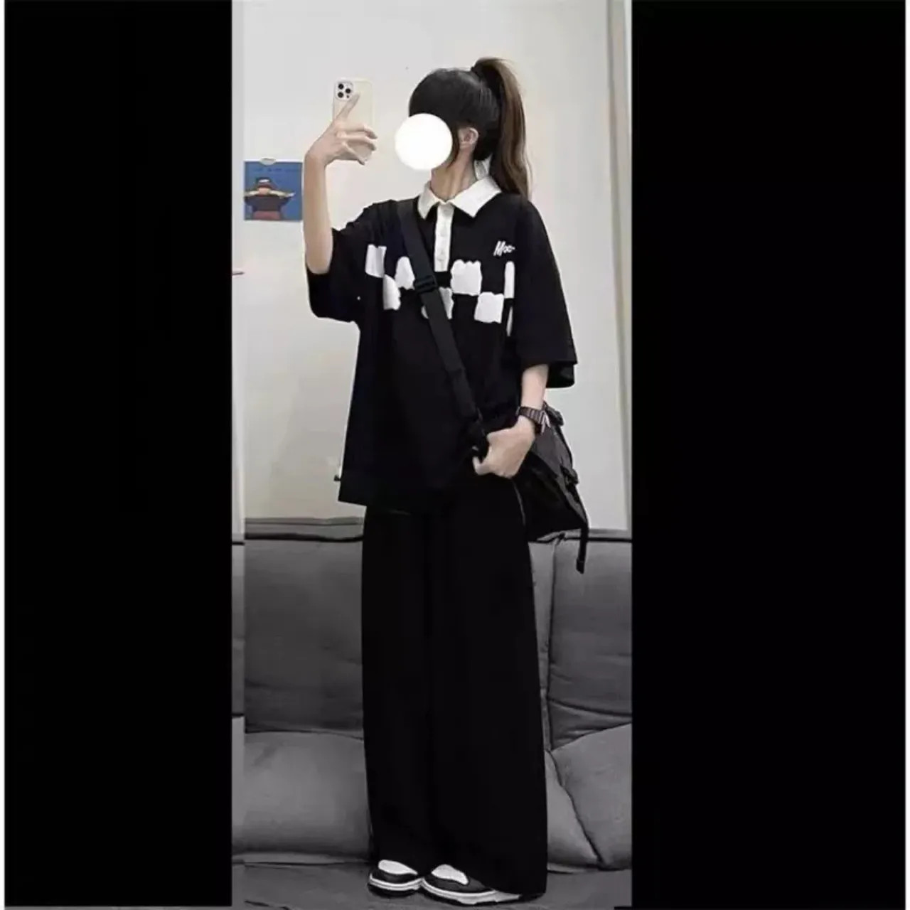 Sét bộ đồ áo thun có cổ kèm quần xuông đen đi học đi chơi