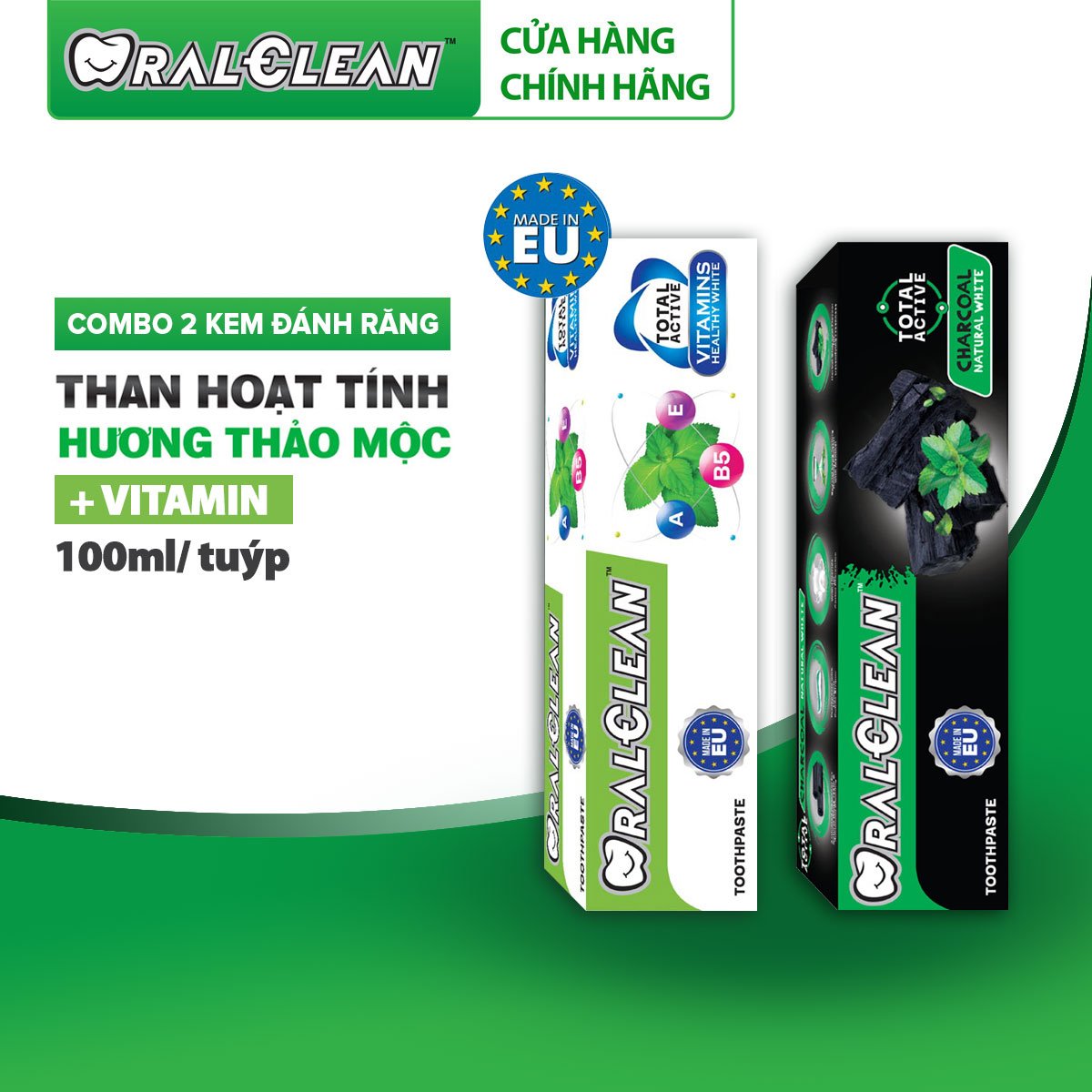 Combo 2 kem đánh răng OralClean Than hoạt tính + Vitamin
