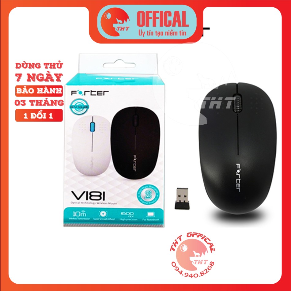 Chuột không dây cao cấp Forter V181-Đen- Kết nối cổng USB cách xa 10M dùng cho tivi máy tính PC Laptop anroid tivi box