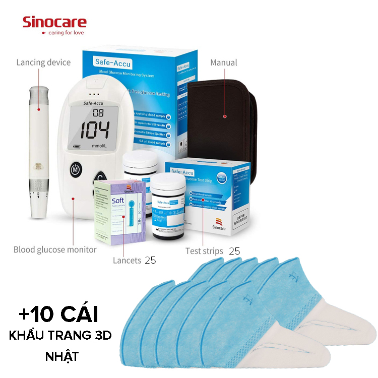 Máy đo đường huyết Safe Accu Sinocare Đức (Tặng thêm 10 miếng khẩu trang y tế 3D xuất nhật)