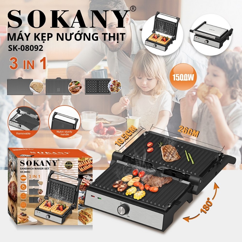  Máy kẹp nướng thịt đa năng SOKANY SK-08092 công suất lớn 1500W 3 nướng bánh mì làm bánh quế nhanh chóng SK08092 