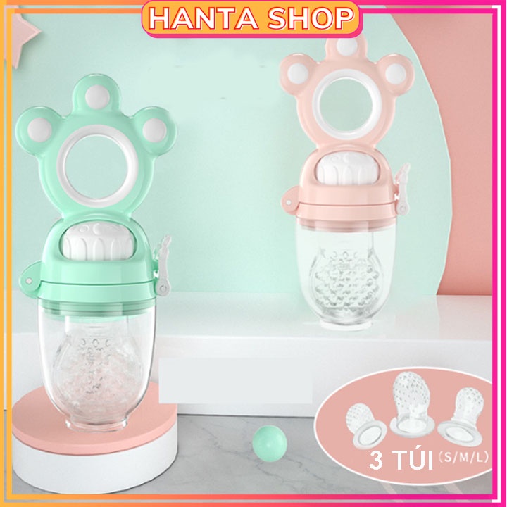Túi nhai ăn dặm misuta chống hóc cho bé tập ăn hoa quả, núm nhai ăn dặm có núm đẩy tặng 2 size núm