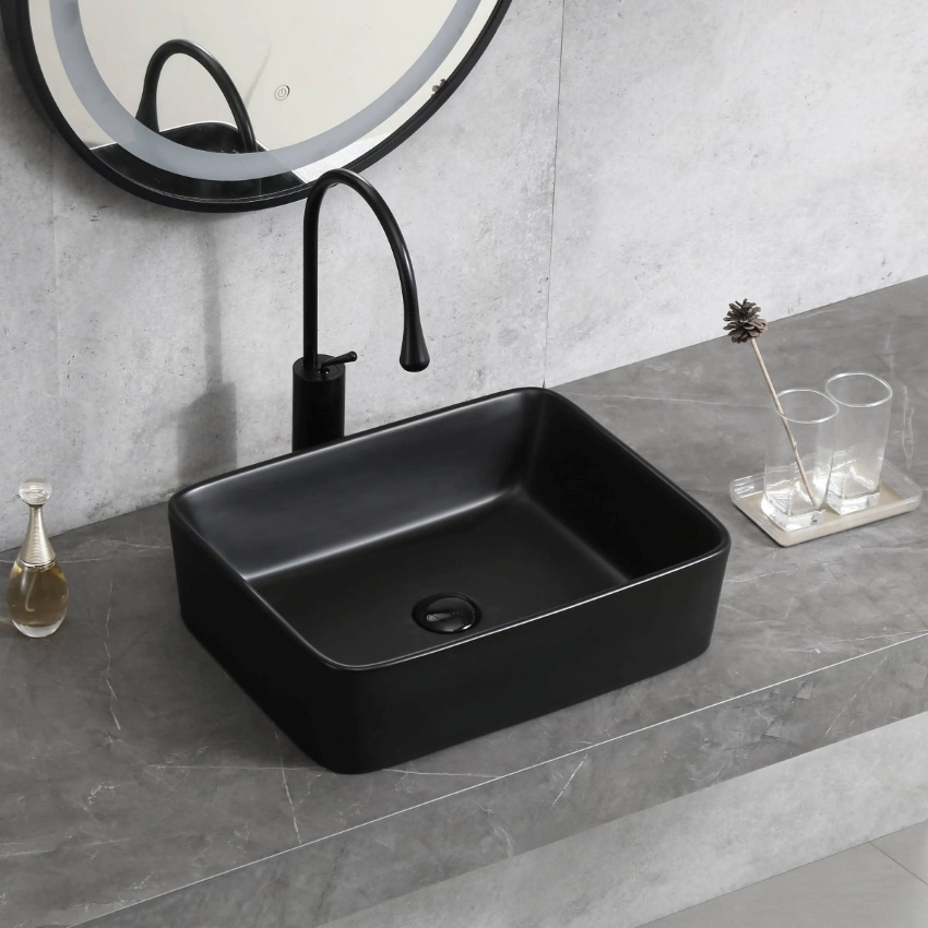 Chậu lavabo màu đen mờ kiểu vuông loại đặt bàn
